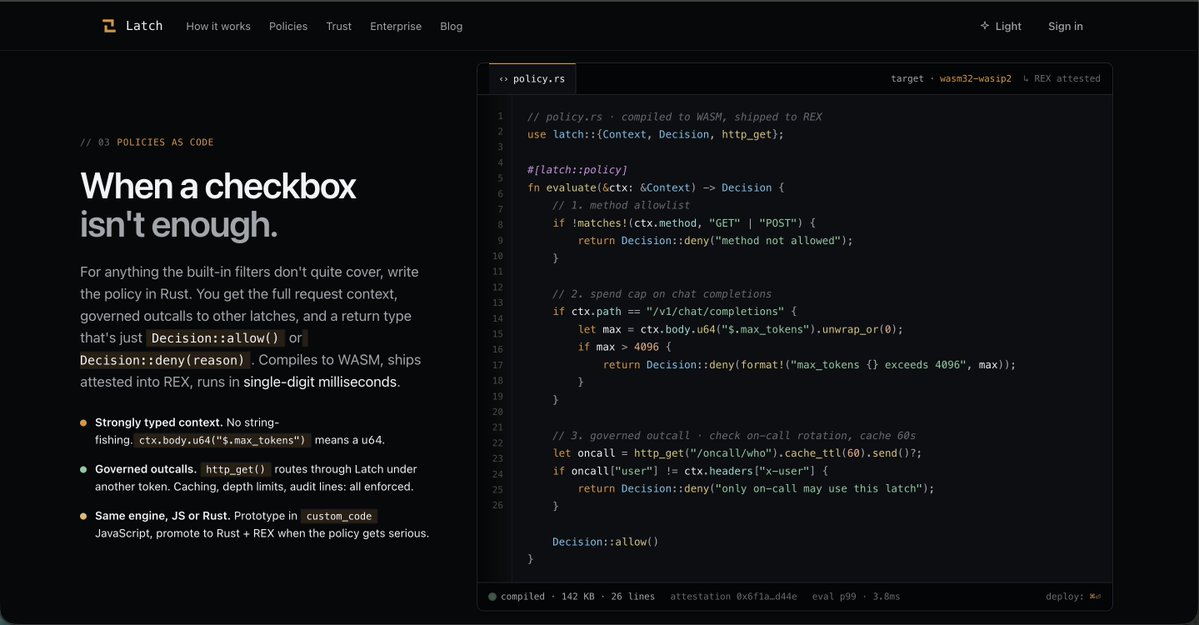 BardOfTheBlocks's tweet photo. Latch is now public for everyone.

Guide on how to navigate Latch

Head over to https://t.co/dIA8i5AZYb

1⃣ Dashboard
▶️ Open the dashboard first: This is where you’ll see your overview, recent request activity, and quick actions like New latch and Simulate.

-----------------------------------------

2⃣ Latches
▶️ Go to Latches to view all your latches: Use this page to check whether a latch is live, delegated, or enabled.
▶️ Click a latch name to open its details and pipeline.

-----------------------------------------

3⃣ Secrets
▶️ Go to Secrets to manage reusable credentials.
You can switch between grid and table view. From here, you can see which latches are bound to each secret.

-----------------------------------------

4⃣ Connect
▶️Go to Connect when you want to set up an agent for a specific latch.
▶️Choose your agent type, such as Codex or Cursor.
Copy the generated command or setup instructions.

-----------------------------------------

5⃣ Simulate
▶️ Use Simulate to test how a latch behaves before using it live.
▶️ Pick a latch, choose a scenario, and review the pipeline trace. This is useful for checking allow/deny behavior safely.

-----------------------------------------

6⃣ Activity
▶️ Go to Activity to review request history.
This page shows pipeline traces, bodies, decisions, and replay-style debugging info. It’s the best place to inspect how the latch handled a request.

-----------------------------------------

7⃣ Org View
▶️ Org View is currently a preview/coming-soon surface.
If it’s available in your account, it may show how latches and secrets map across the org tree.

-----------------------------------------

8⃣ Create a new latch. 
▶️ Click New latch.
Fill in: latch name, upstream URL, secret/credential, policy filters
▶️ Review the latch, then activate it.

-----------------------------------------

9⃣ Useful habits
▶️ Use Simulate before activating changes.
▶️ Use Activity when something behaves unexpectedly.
▶️ Use Secrets carefully, since credentials are reused across latches.

@RialoHQ @itachee_x @dfwdora @0x_alextine
