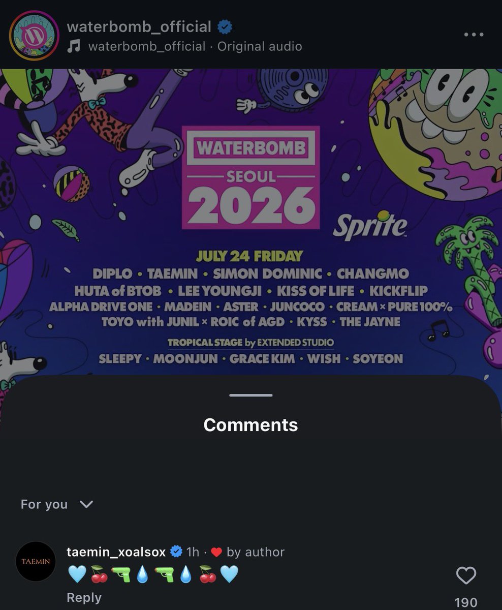 xoalsox_base's tweet photo. NEW EMOJI ALERT 🚨 

#TAEMIN official account on Instagram dropped a comment under Waterbomb in Seoul post because Kingmin is attending this event. Notice the 🍒 emoji being inserted as TAEMIN representation. It seems like cherries joined the TAEMIN emojis hall of fame. https://t.co/rQnxk3cmZt