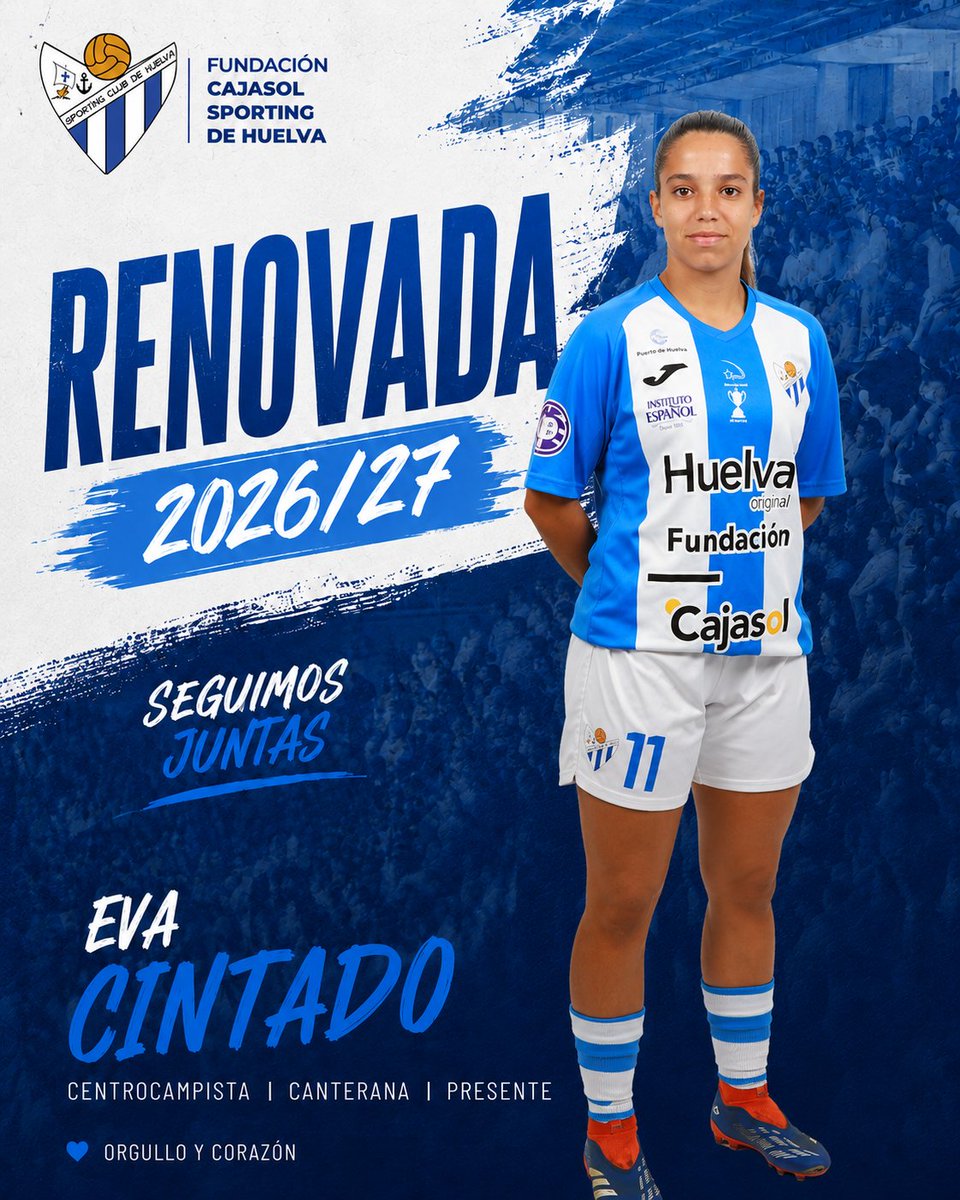 sportinghuelva's tweet photo. 🔵⚪️ 𝗘𝘃𝗮 𝗖𝗶𝗻𝘁𝗮𝗱𝗼 seguirá creciendo junto al Fundación Cajasol Sporting de Huelva.

La centrocampista onubense, formada en nuestra cantera, afrontará su segunda temporada en el primer equipo tras renovar para la campaña 26/27.

📰 https://t.co/lgABbiInIn

#SeguimosJuntas https://t.co/37d2I5WztD