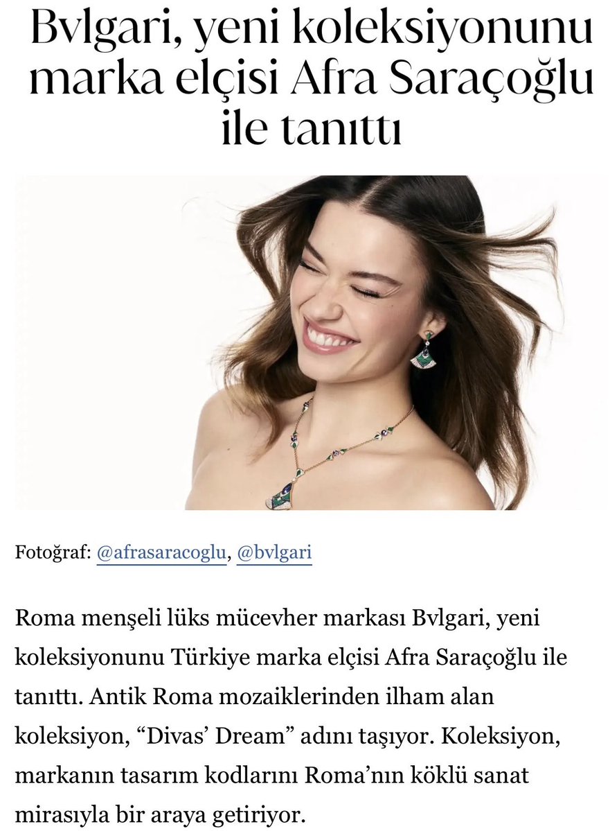 primaveralosaa's tweet photo. Bvlgari yeni koleksiyonunu marka elçisi Afra Saraçoğlu ile tanıttı 💎 https://t.co/KWSh926T0l