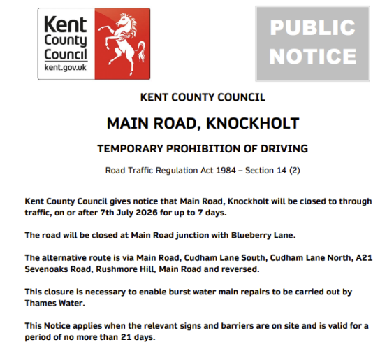 KentHighways's tweet photo. Knockholt, Main Road: Road closed 7th July for up to 7 days to allow for @thameswater  mains repair works: https://t.co/d9WUWFcPJo https://t.co/BB3zDCezFA