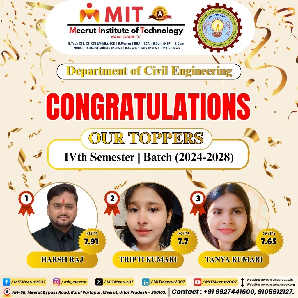 MITMeerut07's tweet photo. π Congratulations to Our Civil Engineering IV Semester Toppers! π
#MITMeerut #CivilEngineering #BTech #Engineering #AcademicExcellence #SemesterToppers #TopPerformers #StudentAchievement #FutureEngineers #Congratulations #SuccessStory #EngineeringStudents #HigherEducation https://t.co/oXB5MS4q8G