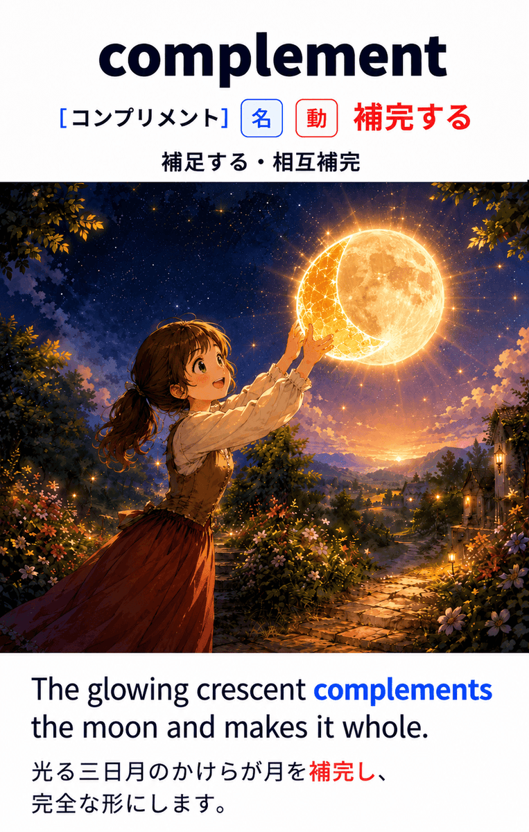 eitanfriends's tweet photo. 答え👇

complement ＝ 補完する・補足する・相互補完

💡 覚え方のヒント
語源は「com（完全に）＋ ple（満たす）」。足りない部分をしっかり埋めて満たすイメージから「補完する」という意味です。
★パッと見、compliment（褒める）と形がそっくり。混同に注意。 https://t.co/YCpVaADORW