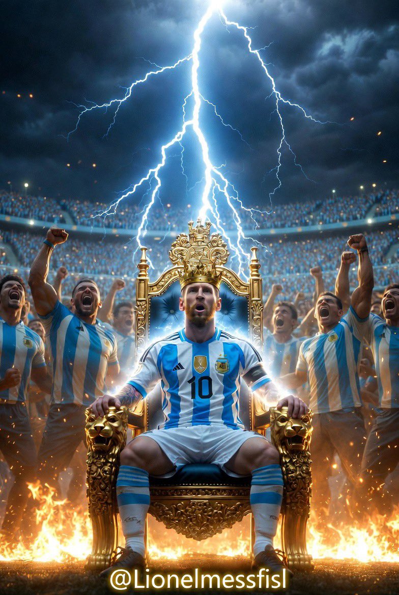 Lionelmessfisl's tweet photo. 👑⚡ LIGHTNING JUST CROWNED ITS KING
Messi on the throne. Thunder striking above. The stadium on its knees.
Football has never had a ruler like this.
Is this the greatest Messi image ever created? Be honest 👀
#Messi #KingMessi #Argentina #GOAT #FootballGod https://t.co/usBUG4JFbY
