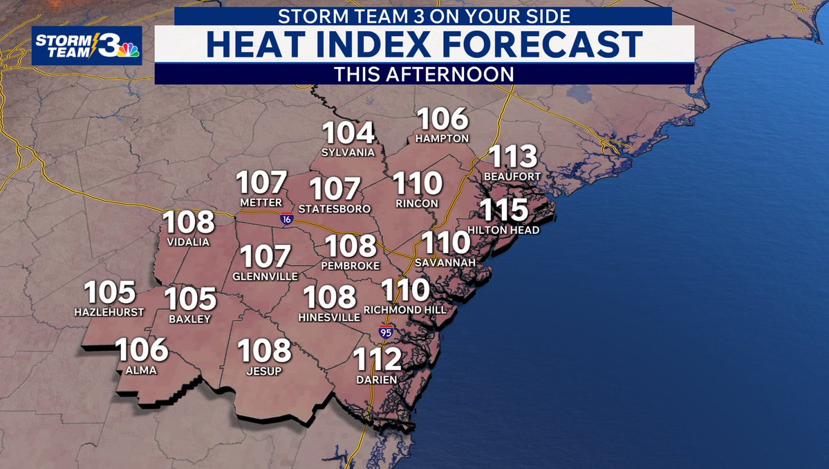 WSAVAlysaC's tweet photo. NOT YOUR TYPICAL HEAT 🥵

Weather Aware Day - coastal areas under an Extreme Heat Warning. Heat index: 112-116°. Spend more time inside than outside today. This type of heat easily wear your body down. Humidity makes it very difficult for your body to cool itself down naturally https://t.co/98FTpFZQKP