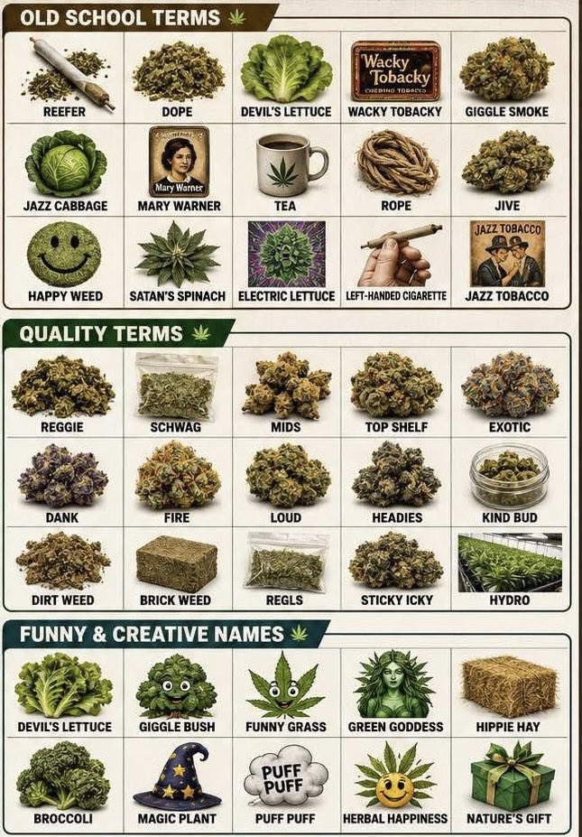 HighAngel's tweet photo. 50+ words for weed

What do you call it? https://t.co/3lsrCc9Rfs