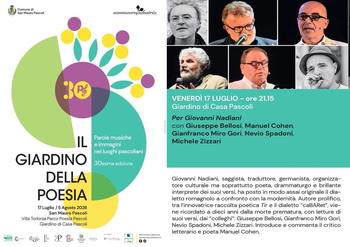MicheleZizzari's tweet photo. Carissimi siete tutte e tutti invitati Venerdì 17 Luglio ore 21.00 a Casa Pascoli per l'omaggio al poeta Giovanni Nadiani nell'ambito del Giardino della Poesia 2026. Interverranno Giuseppe Bellosi, Manuel Cohen, Gianfranco Miro Gori, Nevio Spadoni e Michele Zizzari. https://t.co/sxnGfjDbzU