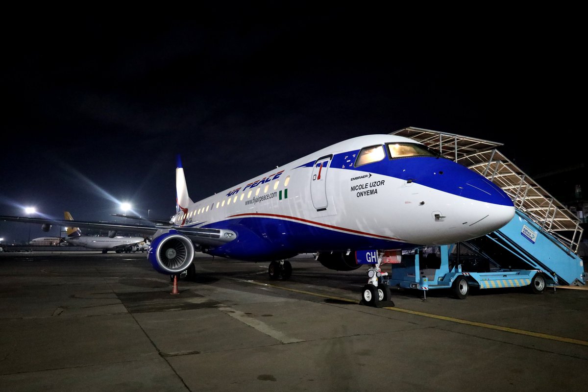 flyairpeace's tweet photo. She has arrived. ✈️

Last night, our very first Embraer E175 touched down in Lagos, marking another milestone in our commitment to expanding connectivity across Nigeria and the region. https://t.co/nO1u4V4eAG