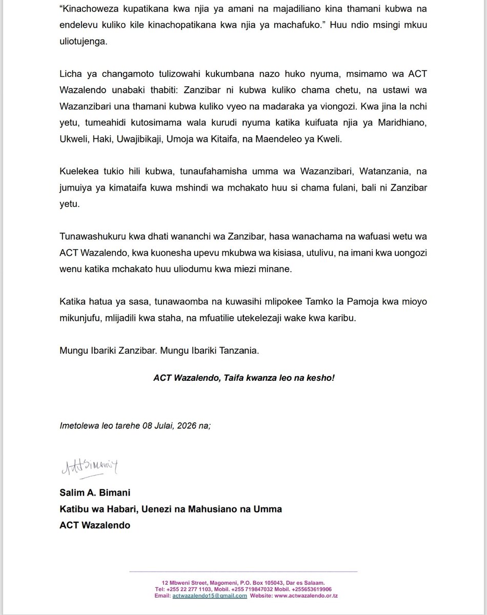ACTwazalendo's tweet photo. TAARIFA KWA UMMA

Taarifa ya Chama cha @ACTwazalendo kuelekea uwekaji saini wa Tamko la Pamoja la kuukwamua mkwamo wa Kisiasa Zanzibar.

#ZanzibarMpya #ZanzibaraMoja #MamlakaKamili https://t.co/ilHmy5zLZl