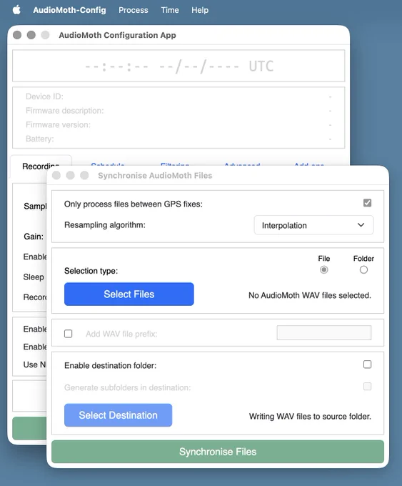 Screenshot of the AudioMoth Configuration App open on the Synchronise AudioMoth Files option.