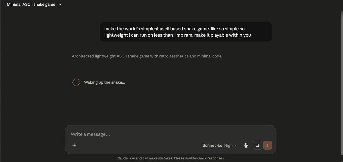 yashattacks's tweet photo. asked claude to build me world's simplest snake game that can run on less than 1 mb ram https://t.co/JdSHhGLoZK