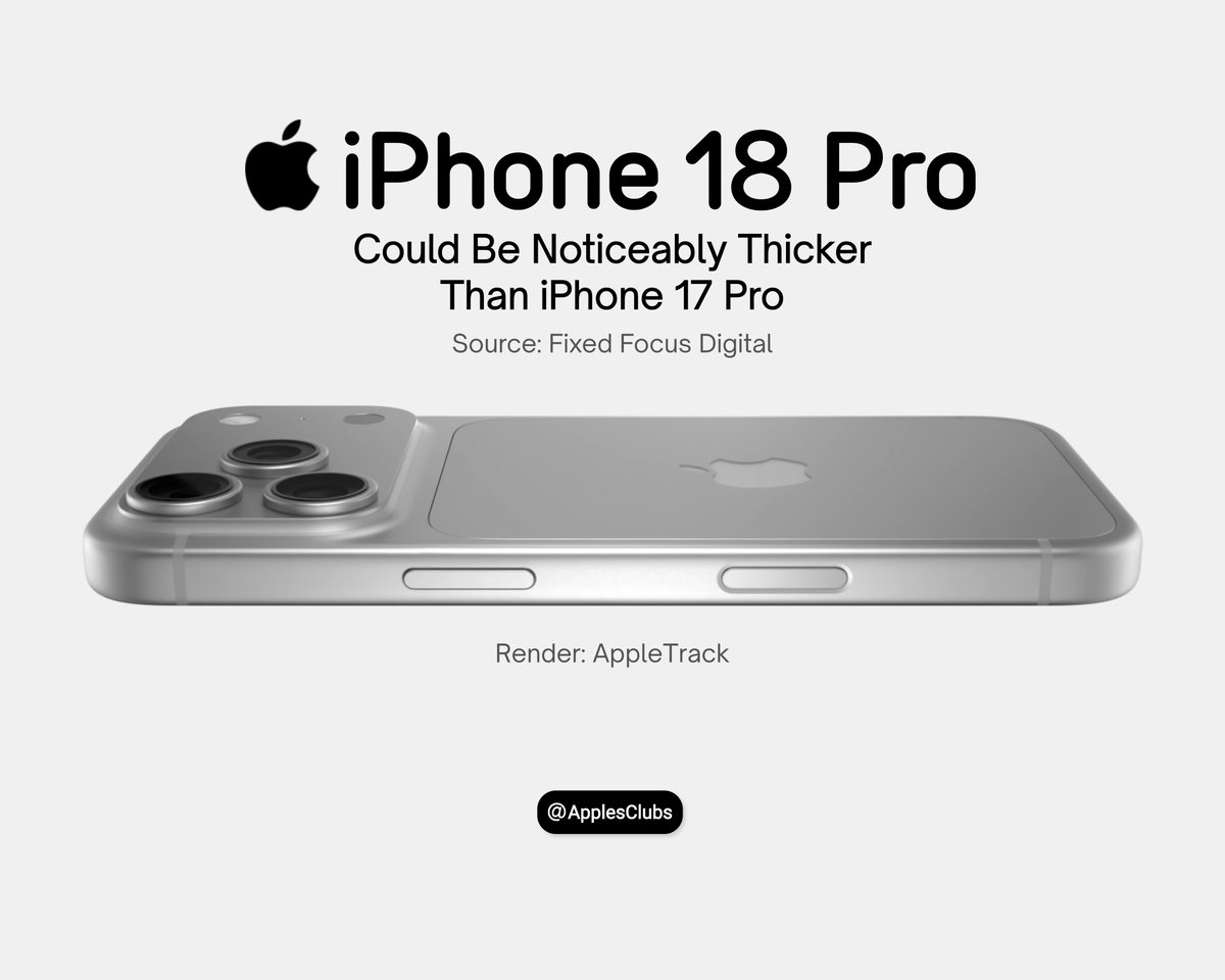 smartechdaily's tweet photo. 🚨 تسريب جديد يكشف احتمال تغيير غير مرغوب فيه في تصميم #iPhone18Pro 🤦🏻‍♂️

📱 تشير المعلومات المتداولة إلى أن iPhone 18 Pro قد يأتي بهيكل أكثر سماكة من iPhone 17 Pro، في خطوة قد تعكس تغييرات في التصميم أو المكونات الداخلية.

📏 ووفقًا للتسريب، قد يتراوح السُّمك الكلي للجهاز بين 9.9 و10.9 مم، وهي زيادة ستكون واضحة مقارنةً بالإصدار الحالي.
