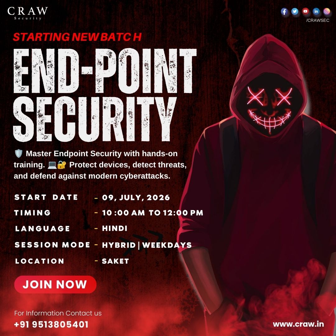 crawsec's tweet photo. 🔐 Secure every device. Stop every threat.
Master Endpoint Security with hands-on training and learn to detect, prevent, and respond to modern cyberattacks.
📅 Starts: 09 July 2026
📍 Hybrid | Saket | Hindi
📩 DM us or 📞 +91 9513805401
#EndpointSecurity #CyberSecurity #EDR https://t.co/ht2fJ5fuWh