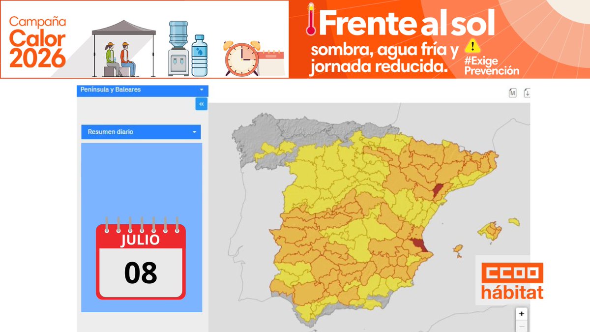 CCOO_Habitat's tweet photo. 🌡️@CCOO_Habitat alertas AEMET 08/07:
🔴ROJA: Tarragona, Valencia.
🟠NARANJA: Aragón, Extremadura, Murcia, Baleares, Navarra, La Rioja, Madrid, Andalucía, Alicante, Castellón, C.Real, Toledo, Albacete, Guadalajara, Ávila, Salamanca, Burgos, Barcelona, Girona, Lleida, Gran Canaria. https://t.co/LATLsKXagh