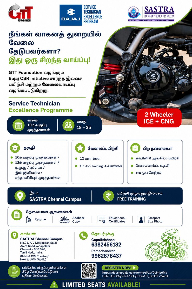 TnAutoSkills's tweet photo. We are delighted share an exciting opportunity for aspiring automotive professional through the Service Technician Excellence Program(STEP) a flagship CSR initiative by Bajaj Auto Ltd. in collaboration with GTT Foundation.#BajajAuto #GTT Foundation#YouthEmpower#skill develpement https://t.co/DepjLCyNje