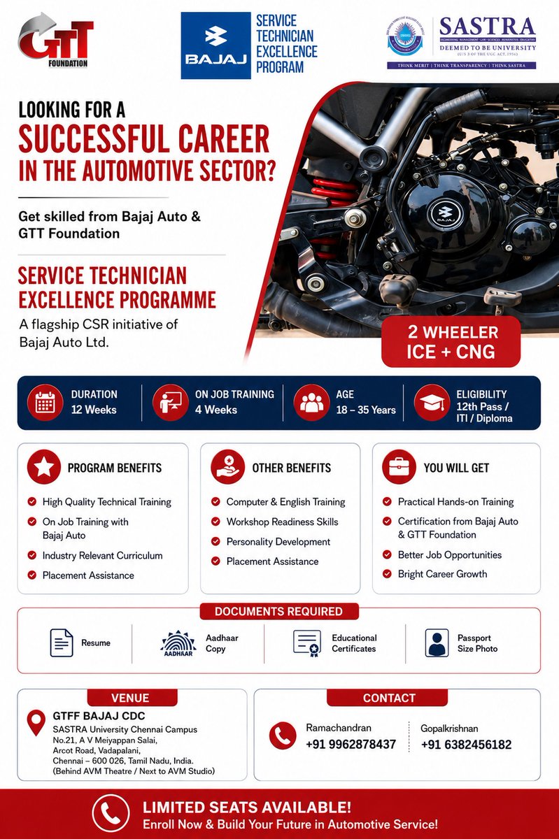 TnAutoSkills's tweet photo. We are delighted share an exciting opportunity for aspiring automotive professional through the Service Technician Excellence Program(STEP) a flagship CSR initiative by Bajaj Auto Ltd. in collaboration with GTT Foundation.#BajajAuto #GTT Foundation#YouthEmpower#skill develpement https://t.co/DepjLCyNje