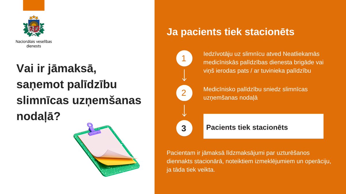 VMNVD's tweet photo. 🔍 Ieskaties attēlos un noskaidro:
🟠 Vai par slimnīcas uzņemšanas nodaļā saņemto palīdzību ir jāmaksā?
🟠 Kādā gadījumā saņemtā palīdzība ir maksas pakalpojums?
Vairāk informācijas par pacienta līdzmaksājumiem ➡️ https://t.co/XQIvImjl24 https://t.co/qDblepDuZS