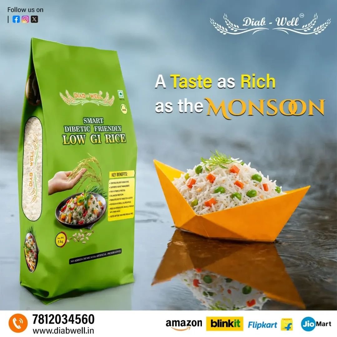 DiabWell_Rice's tweet photo. 🌧️🍚 Monsoon Meals, Smarter Choice.

Enjoy every bite with Diab-Well Low GI Rice—where great taste meets healthier living.

🛒 Available on: Amazon | Blinkit | Flipkart | JioMart

#DiabWell #LowGIRice #HealthyRice #MonsoonMeals #HealthyLiving https://t.co/f4pkQCvPqY