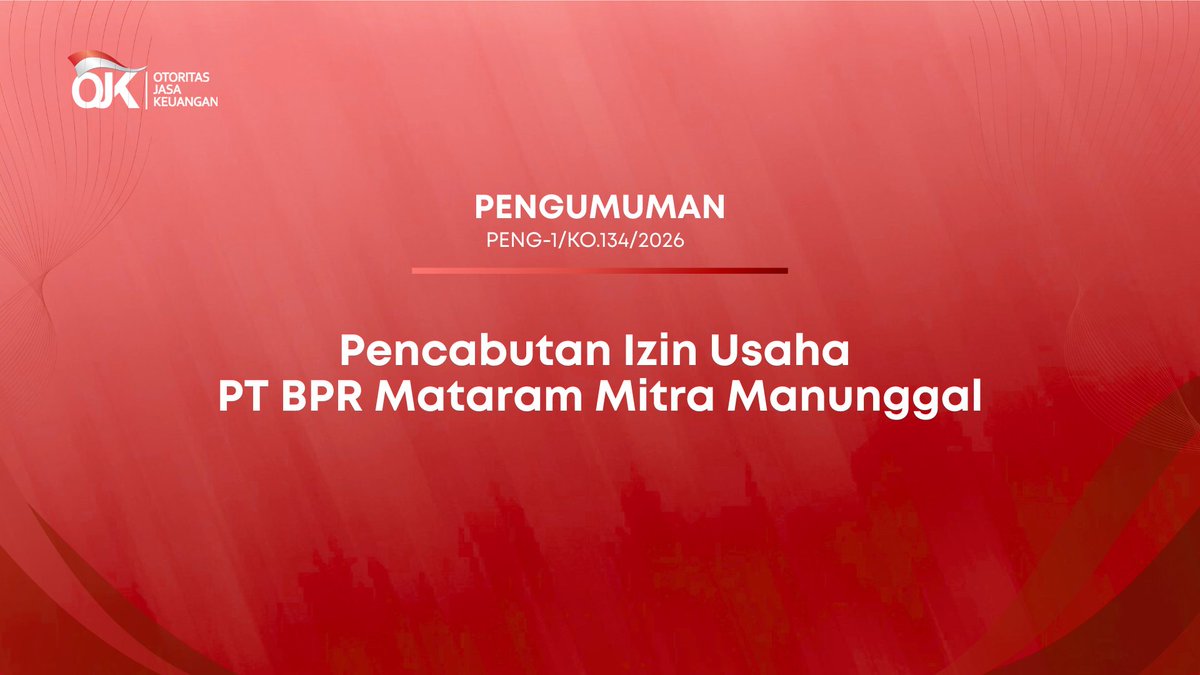 ojkindonesia's tweet photo. [PENGUMUMAN]

OJK telah mencabut izin usaha PT Bank Perekonomian Rakyat Mataram Mitra Manunggal yang berkantor pusat di di jalan Alun-Alun Utara, Kelurahan Kadipaten, Kecamatan Kraton, Kota Yogyakarta, Provinsi Daerah Istimewa Yogyakarta.

Sehubungan dengan pencabutan izin usaha tersebut, seluruh kantor PT Bank Perekonomian Rakyat Mataram Mitra Manunggal ditutup untuk umum dan kegiatan usahanya dihentikan.

Penyelesaian hak dan kewajiban PT Bank Perekonomian Rakyat Mataram Mitra Manunggal akan dilakukan oleh Tim Likuidasi yang dibentuk oleh LPS sesuai ketentuan peraturan perundang-undangan.

➡️ https://t.co/Iv85mdUJQd