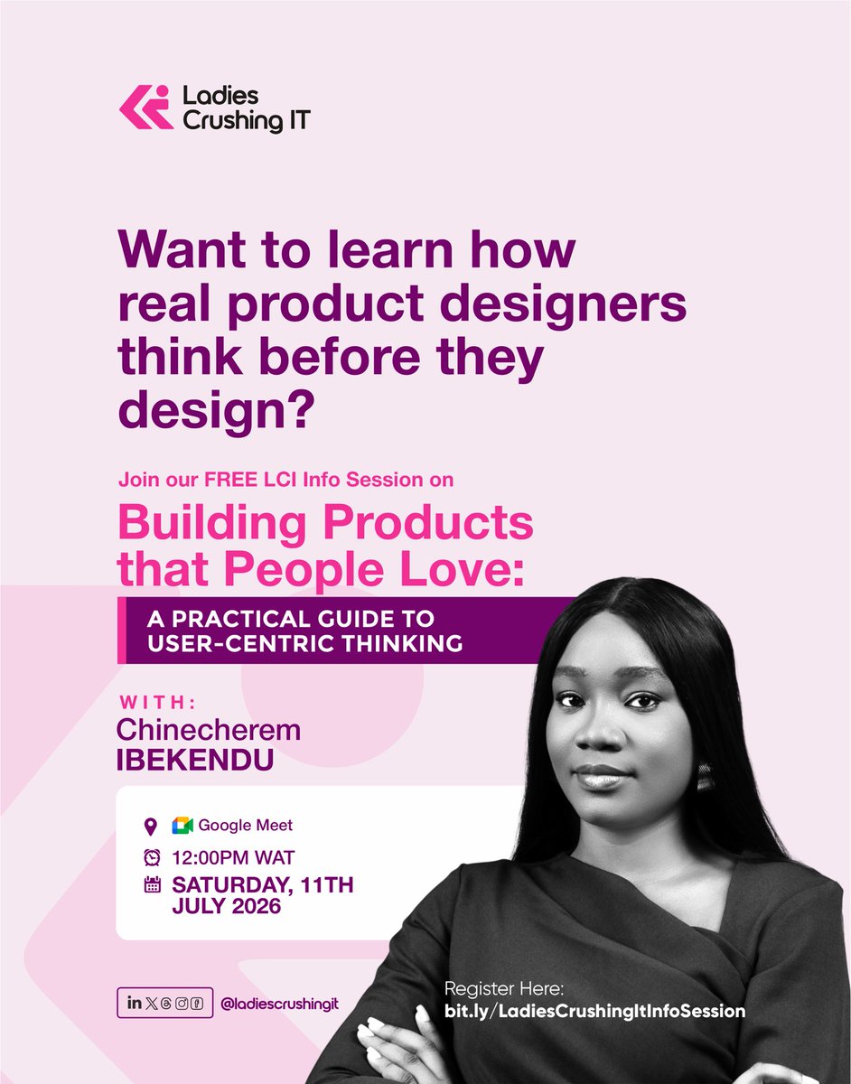 LCIt_'s tweet photo. Join us as we explore Building Products That People Love: A Practical Guide to User Centric Thinking.
Date: Saturday, 11th July 2026
Time: 12:00 PM WAT
Venue: Google Meet
Register now: https://t.co/2z4dAzazca
#LadiesCrushingIT #ProductManager #UserCentric
2/2 https://t.co/Cs7mQhL6fX