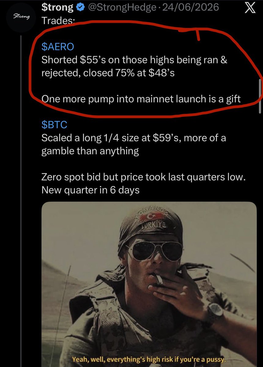 StrongHedge's tweet photo. Live plans &amp; trades managed in real time, no analyst hedging charting BS

Directionally playing the crypto market either:

- Longing Bitcoin 
- Shorting alts from key HTF levels (in this case $AERO)

Always booking profit. Always managing risk.

You’re welcome 👍 https://t.co/XUtijGlyKK
