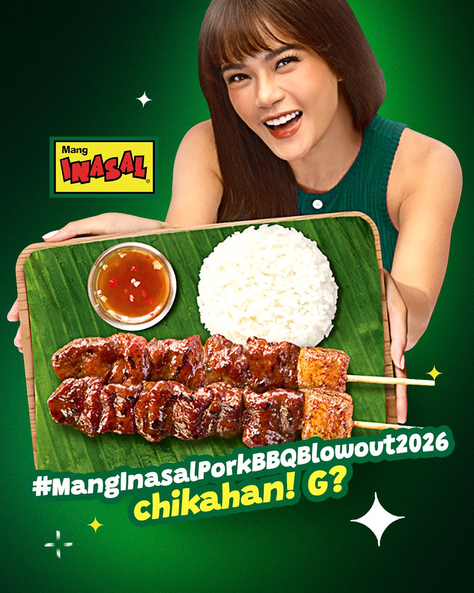 MangInasalPH's tweet photo. A smoky-sweet deal for dinner?

Full force pa rin ang #MangInasalPorkBBQBlowout2026 tonight. Don't miss your last chance to enjoy our Juicy-Lammbot 2-pc Pork BBQ with rice for only ₱69.

#ILoveMangInasal 💚💛 https://t.co/nlombY4M0B