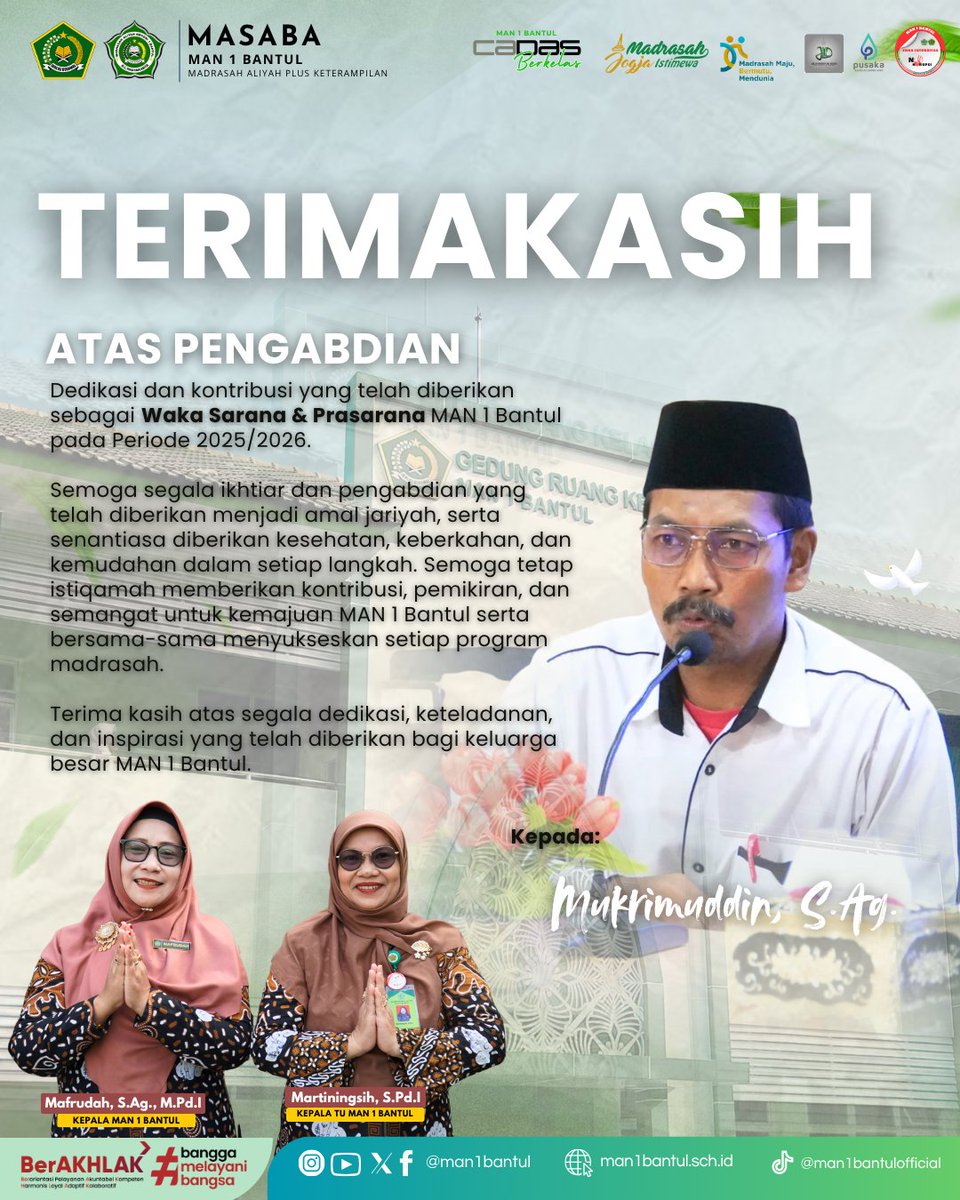 man1bantul's tweet photo. Terimakasih kepada Bapak Mukrimmudin, S. Ag atas pengabdian, Dedikasi dan kontribusi yang telah diberikan sebagai Waka Sarana &amp; Prasarana MAN 1 Bantul pada Periode 2025/2026. https://t.co/AO1Q3sVnNp
