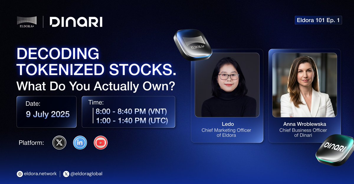 eldoraglobal's tweet photo. 🚨 AMA Eldora 101 • Ep.1
Decoding Tokenized Stocks. What Do You Actually Own?

Join @eldoraglobal × @DinariGlobal as we decode one of the biggest questions in on-chain investing.

📅 Date: July 9, 2026
⏰ Time: 8:00 PM (GMT+7) | 1:00 PM UTC
📍 Live on: X • LinkedIn • YouTube

🎙 Host: @itsemle - CMO of Eldora
🎤 Guest: @annabelleacta - Chief Business Officer of Dinari

Drop your questions below. We'll answer some of them live.

Mark your calendar & see you soon!