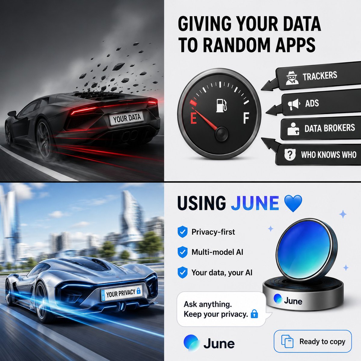 abkr_modu's tweet photo. ๐ Giving away your data? โ
๐ Choosing privacy-first AI? โ
With June, you get access to multiple leading AI models while staying in control of your conversations.
Ask anything.
Keep your privacy.
#AskJuneAI #AI #Privacy #MultiModelAI #JUNE https://t.co/OVc22Q7Cgj
