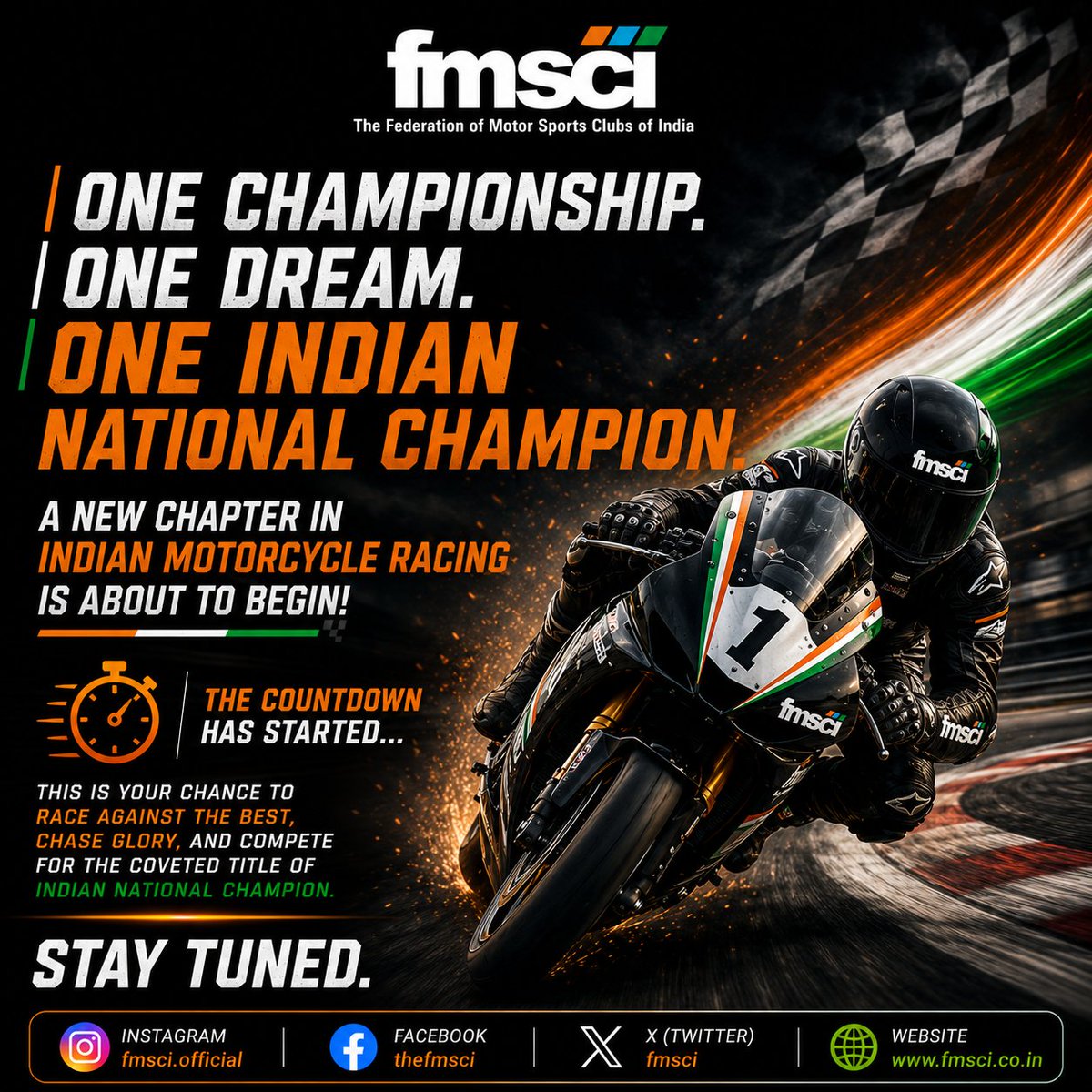 fmsci's tweet photo. 🏍️ One Championship. One Dream. One Indian National Champion. 🇮🇳

The countdown begins. Get ready to race for glory and make history.
.
.
#FMSCI #IndianMotorcycleRacing #IndianNationalChampion #RoadRacing #Motorsports #RaceToGlory #RacingIndia #StayTuned 🏁🇮🇳 https://t.co/2NC6tULMT8