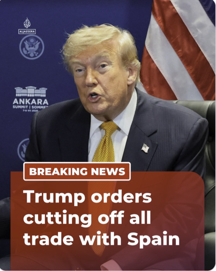 FaitsReels_RDC's tweet photo. Le président américain Donald Trump affirme avoir ordonné à son secrétaire au Trésor, Scott Bessent, de mettre fin à tous les échanges commerciaux avec l’Espagne, qualifiant Madrid de « terrible partenaire » au sein de l’OTAN. https://t.co/zLigEM0J0F