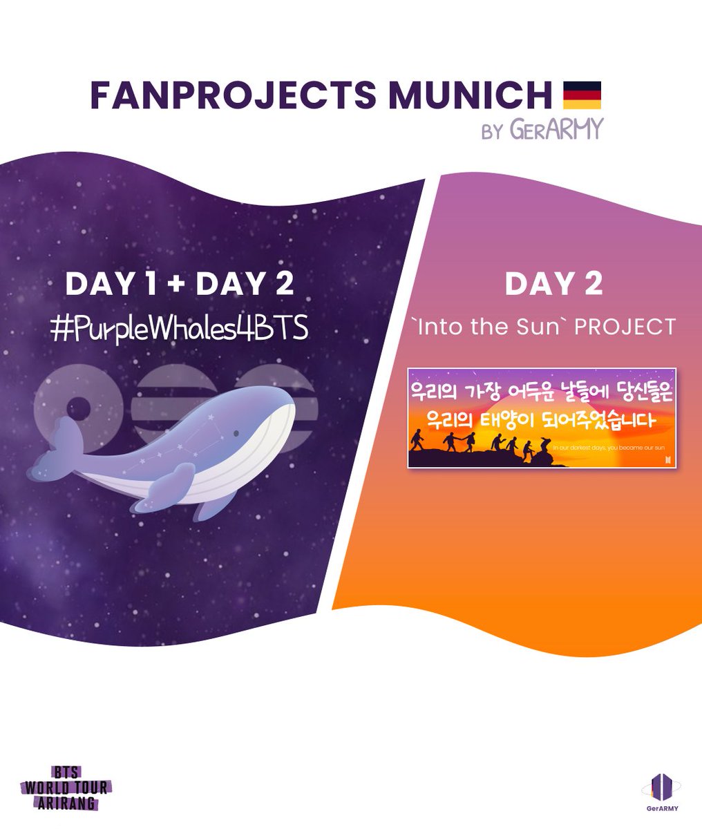 BTS_GerARMY's tweet photo. Quick overview of our fan projects for the BTS concerts in Munich!💜

D1: #PurpleWhales4BTS
D2: #PurpleWhales4BTS &amp; Into the Sun Project

We’re putting lots of love &amp; work into these projects. THANK YOU for the support &amp; help! We’re so excited! https://t.co/q4di7VhkNB