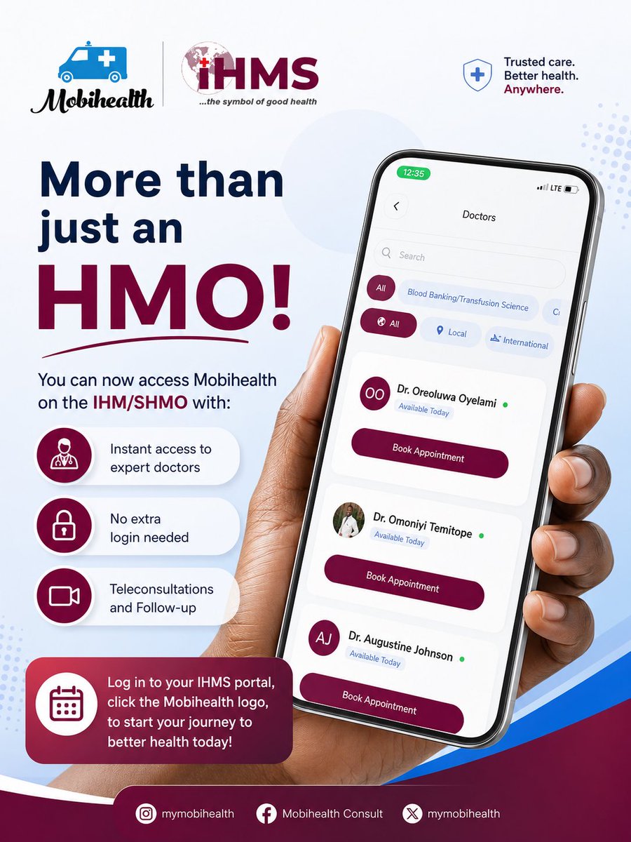 MyMobihealth's tweet photo. Your IHMS benefits just got better. ЁЯТЩ
You can now access MobihealthтАЩs telehealth services directly from your IHMS portal.
Log in, click the Mobihealth logo, and speak to a licensed doctor today.
#Mobihealth #IHMS #Telehealth #DigitalHealth #HealthcareAccess https://t.co/UEdIgzSL0M