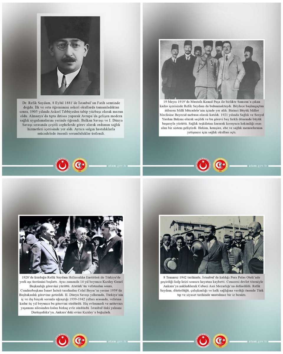 AtamBaskanlik's tweet photo. Tabip Binbaşı İbrahim Refik (Saydam), Atatürk’ün Millî Mücadele’yi başlatmak üzere Samsun’a çıkan kadrodan Millet Meclisine mebus seçtiği 10 kişiden biri olup Sağlık Bakanlığı ve Başbakanlık görevlerinde bulunmuş Türk devlet ve siyaset adamıdır. Saydam, 8 Temmuz 1942’de vefat etmiştir.

Ayrıntılı bilgi için bk. https://t.co/D82ZgIGp8T

https://t.co/KW2fJQG6mA