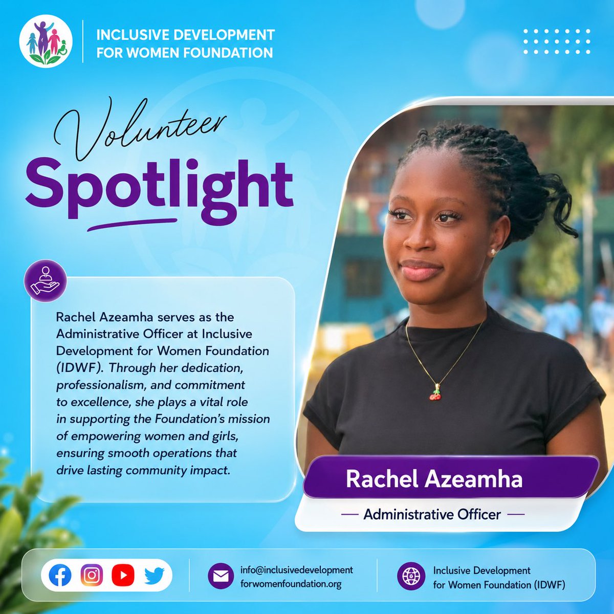 idwf_org's tweet photo. 🌟 Volunteer Spotlight

Today, we celebrate Rachel Azeamha, our Administrative Officer, for her dedication and commitment to IDWF’s mission.

Want to make an impact?
🤝 Volunteer. Partner. Support.

#VolunteerSpotlight #TeamIDWF #SupportIDWF #WomenEmpowerment #CommunityImpact https://t.co/mcH2CTOcLk