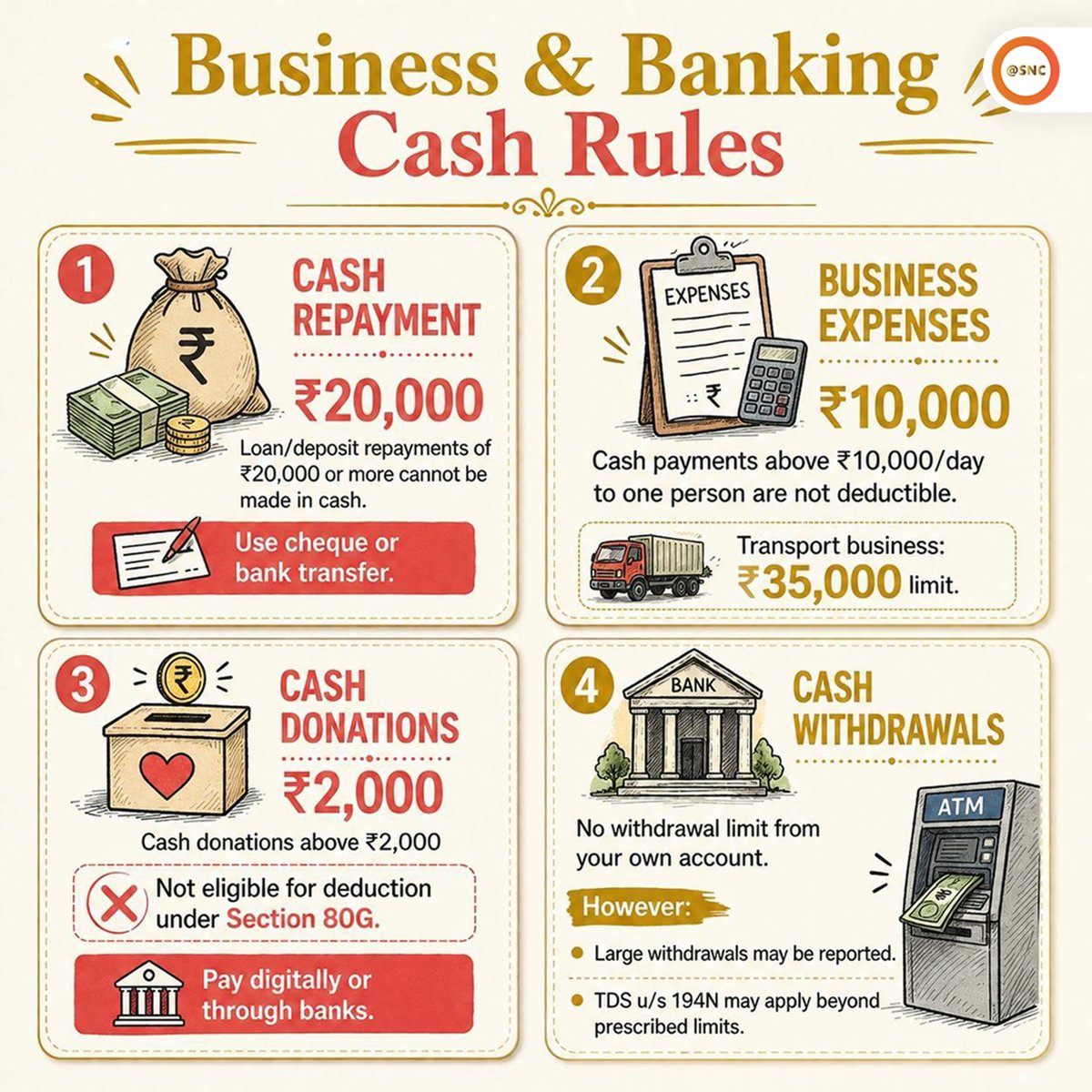 SNCoffice's tweet photo. 💵 Splitting cash payments won't avoid tax rules.
Know the cash transaction limits to avoid penalties and tax scrutiny.
📌 Save this post for future reference.
#IncomeTax #TaxTips #SNC https://t.co/tEtF9Ce84k