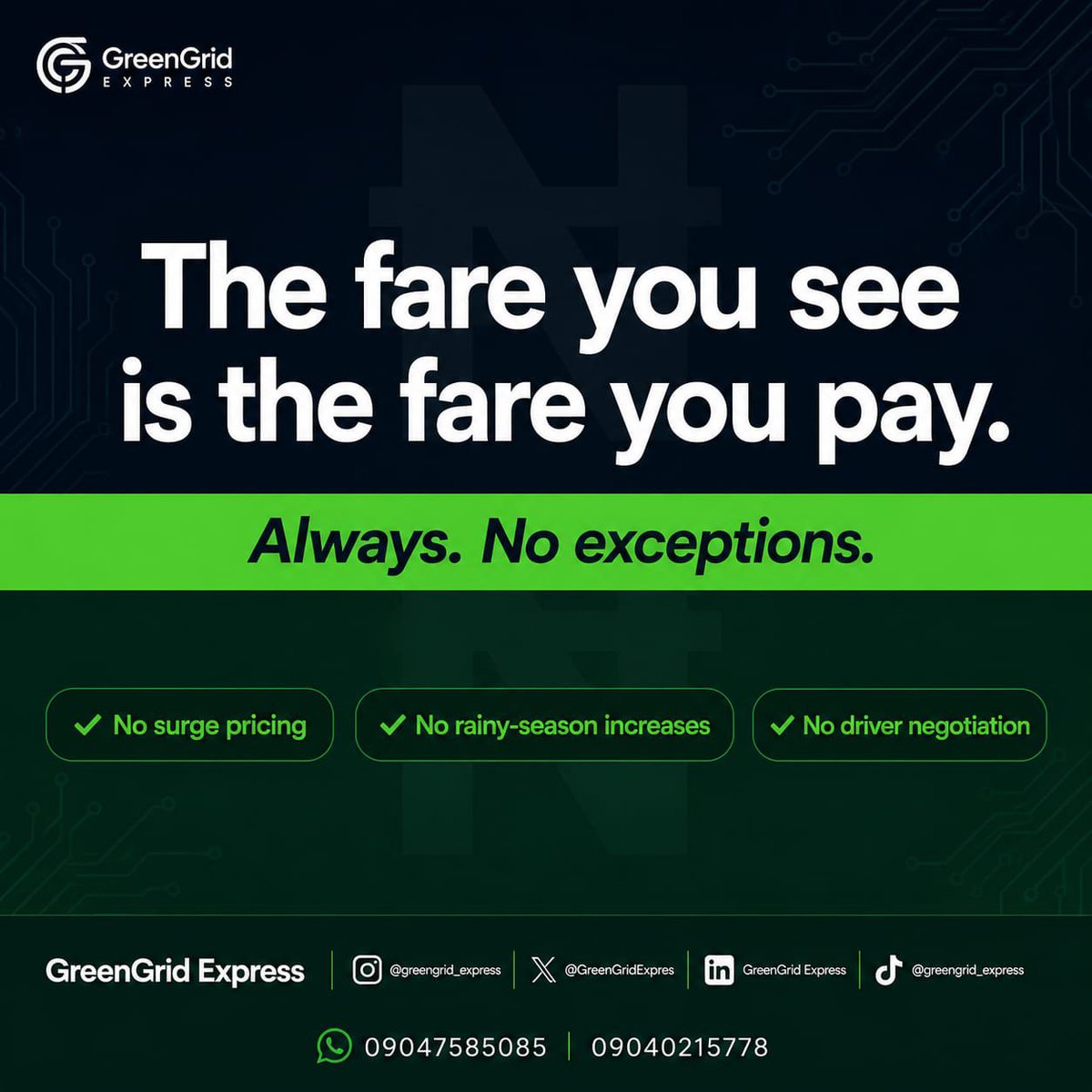 GreenGridExpres's tweet photo. In Nigeria, "how much is the fare?" is always a negotiation opener.
The answer changes hourly. By weather. By driver. By mood.
GreenGrid Express fixed fares:
→ Same price every time, always
#GreenGridExpress #FixedFares #NigeriaTransport #SmartMobility https://t.co/zks41ZAJRv