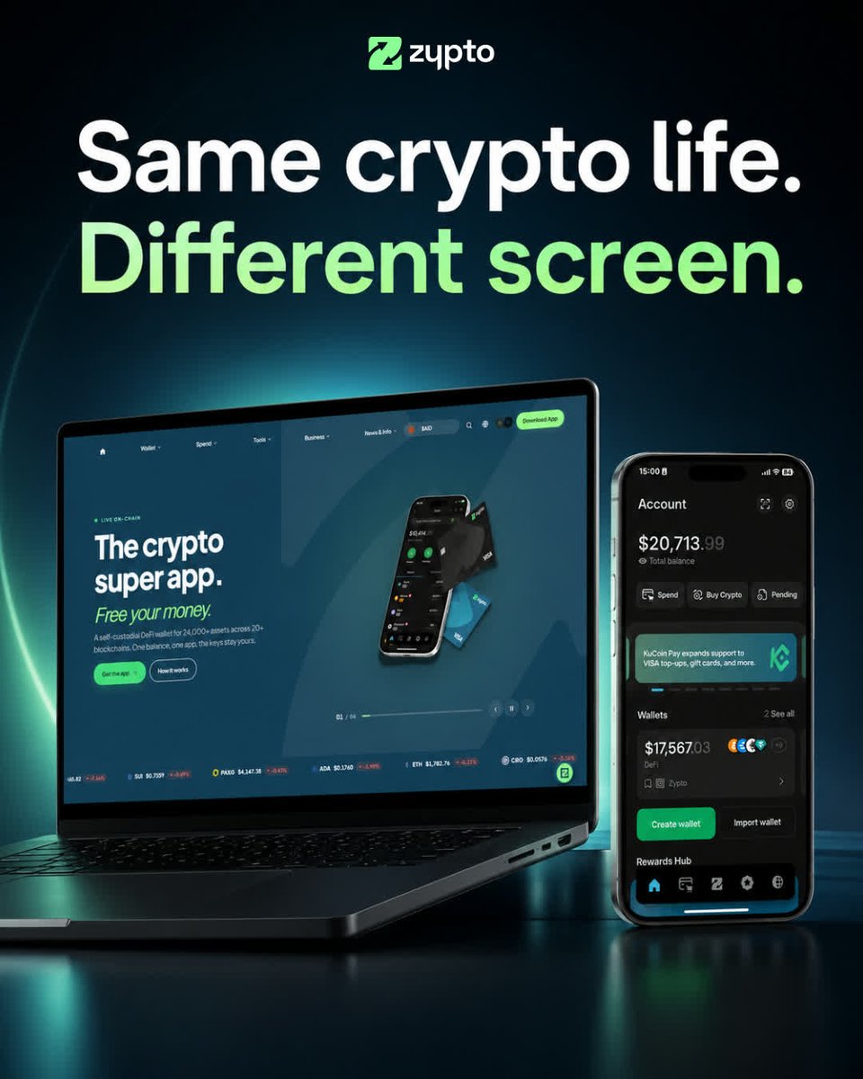ZyptoApp's tweet photo. Zypto App or https://t.co/HfuqCUs1Ji? Which one do you open more?

Combined they give you everything you need for your everyday crypto life. Simple tools. Real utility.

The app in your pocket. And the website however you prefer it. Mobile, laptop or in App.
If you want it all in one place, you need Zypto.
#FreeYourMoney