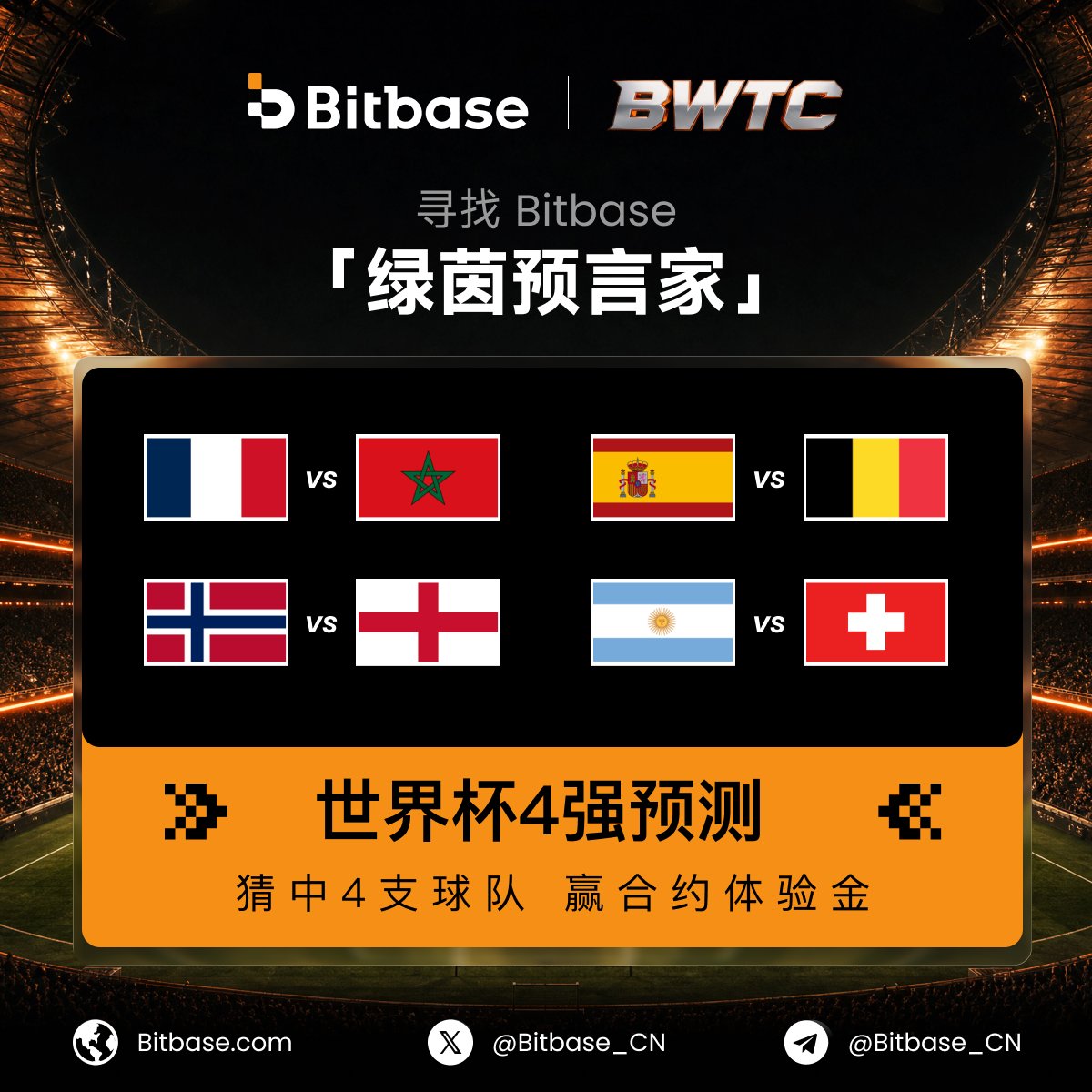 Bitbase_cn's tweet photo. ⚽️ #BWTC2026 | 寻找币贝「绿茵预言家」！

精准预测最终的【2026世界杯4强队伍】即有机会赢取 20 USDT 体验金！

🎁 如何参与：
1️⃣ 关注 @Bitbase_cn
2️⃣ 点赞 + 引用转发此推文
3️⃣ 评论区留下你的【4强队伍预测】+ 标签 #BWTC2026
⏰ 截止时间：7月11日 23:59（UTC+8）

#币贝 #世界杯半决赛 #BWTC #Giveaway