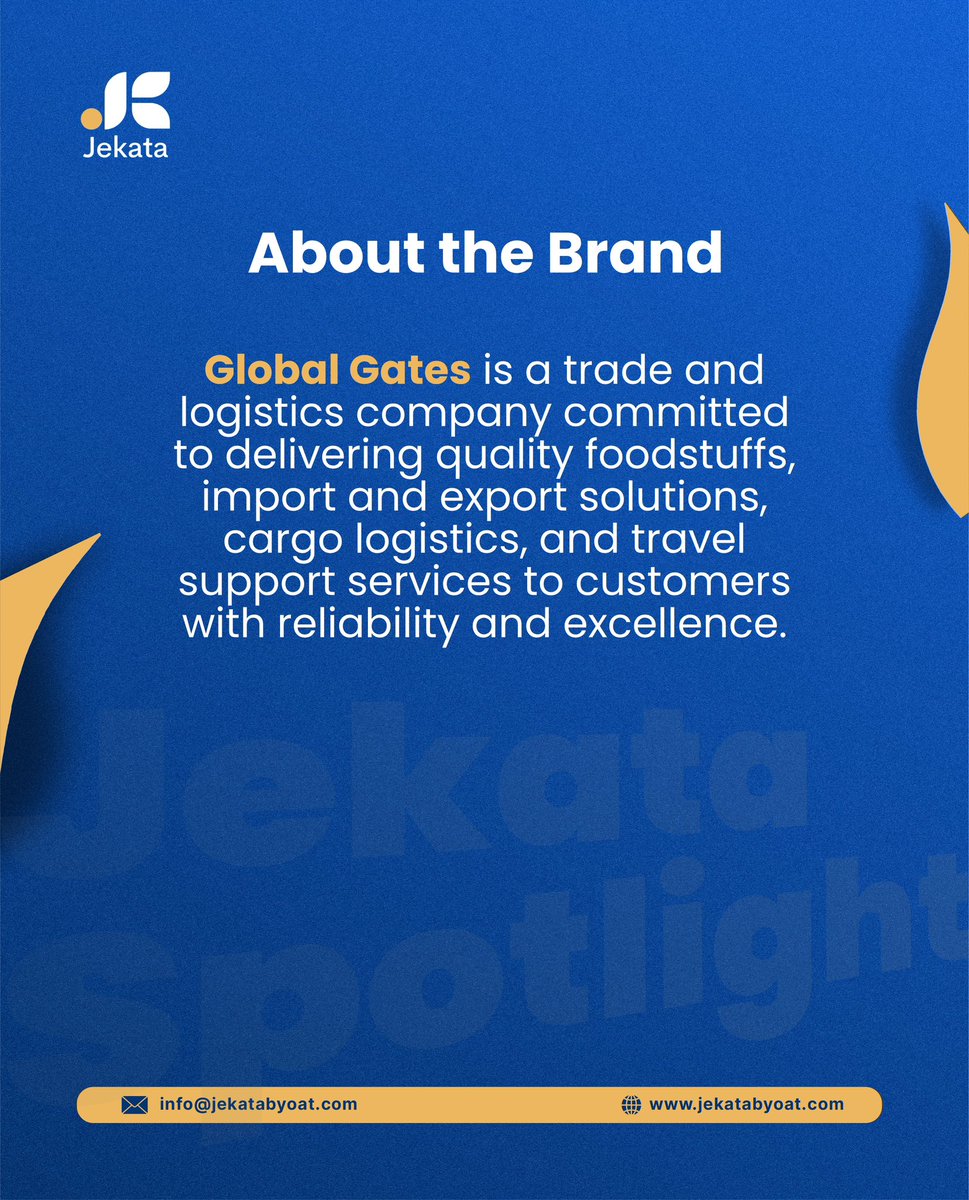 JekatabyOat's tweet photo. This week’s #JekataStoreOwnerSpotlight features Global Gates Global Services Limited, delivering quality foodstuffs, import/export, cargo logistics, and travel support services.

For easy access,  https://t.co/UoXA3PLNAR

#JekataByOAT #SupportSmallBusiness #TradeAndLogistics https://t.co/6eGIswibS4