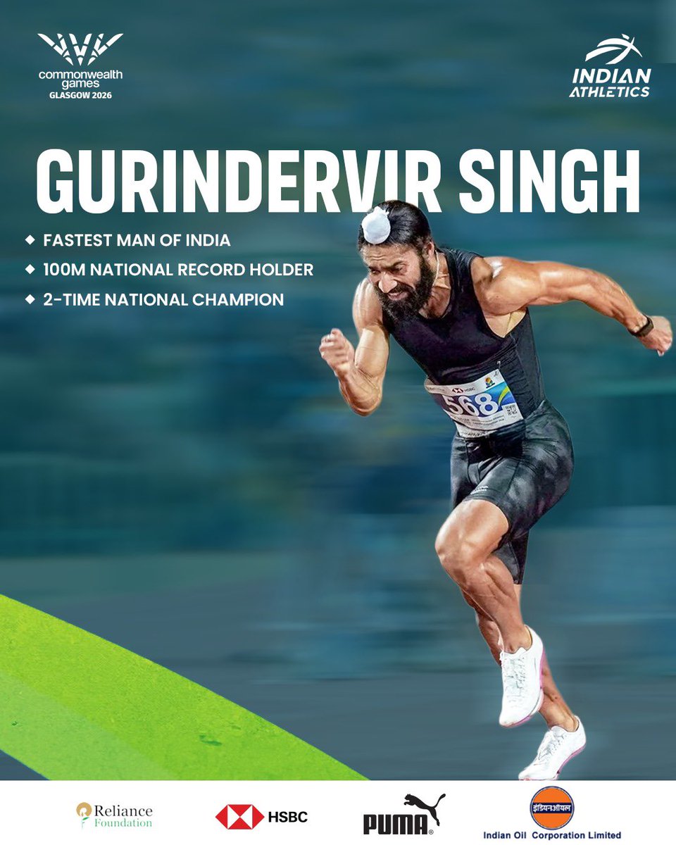 afiindia's tweet photo. The fastest man in the country. Next stop: Glasgow ⚡️🇮🇳

100m National Record holder Gurindervir Singh is all set to take on the Commonwealth Games and chase glory for India. 💪

#IndianAthletics #CommonwealthGames2026 #TeamIndia #AFI https://t.co/fDCqTCfzVg