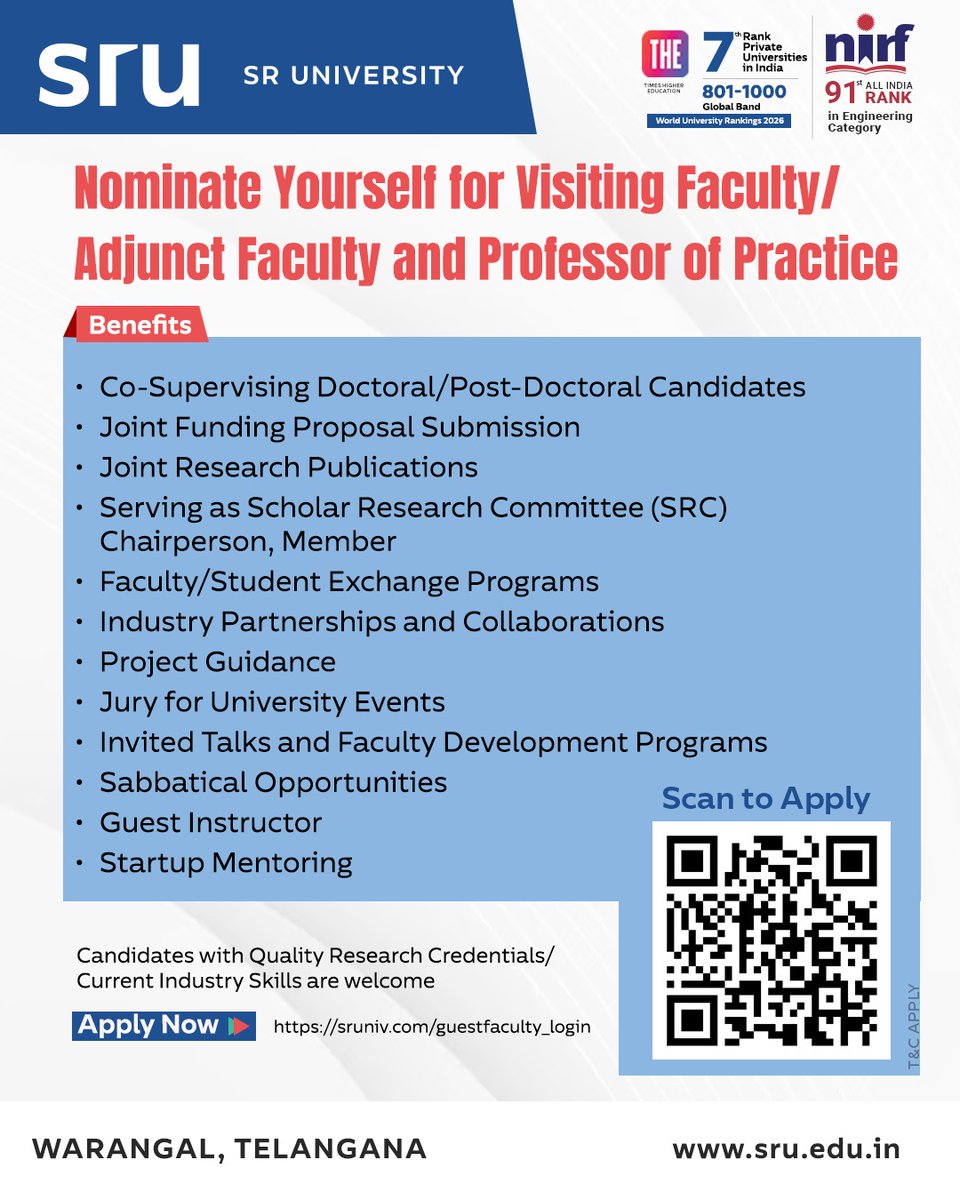 ECESRUniversity's tweet photo. Join SR University as a Visiting Faculty, Adjunct Faculty, or Professor of Practice. Collaborate in research, mentor scholars, guide projects &amp; strengthen academia-industry partnerships.

🔗 https://t.co/wzlYO5uYAL

#SRUniversity #ProfessorOfPractice #AdjunctFaculty #Research https://t.co/tAyZ9DrXr0