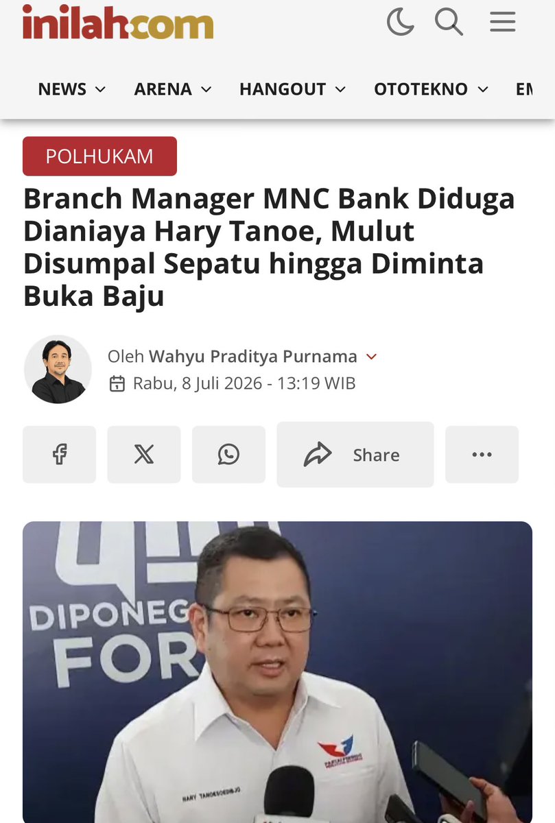 Juniorrrrr14_'s tweet photo. 😱🚨 WOW! DUGAAN KASUS YANG MENYERET NAMA HARY TANOE

Seorang Branch Manager MNC Bank melaporkan dugaan penganiayaan. Dalam laporannya, korban menyebut mengalami perlakuan seperti mulut disumpal sepatu dan diminta membuka baju.

Kasus ini kini menjadi sorotan dan menunggu proses hukum lebih lanjut.