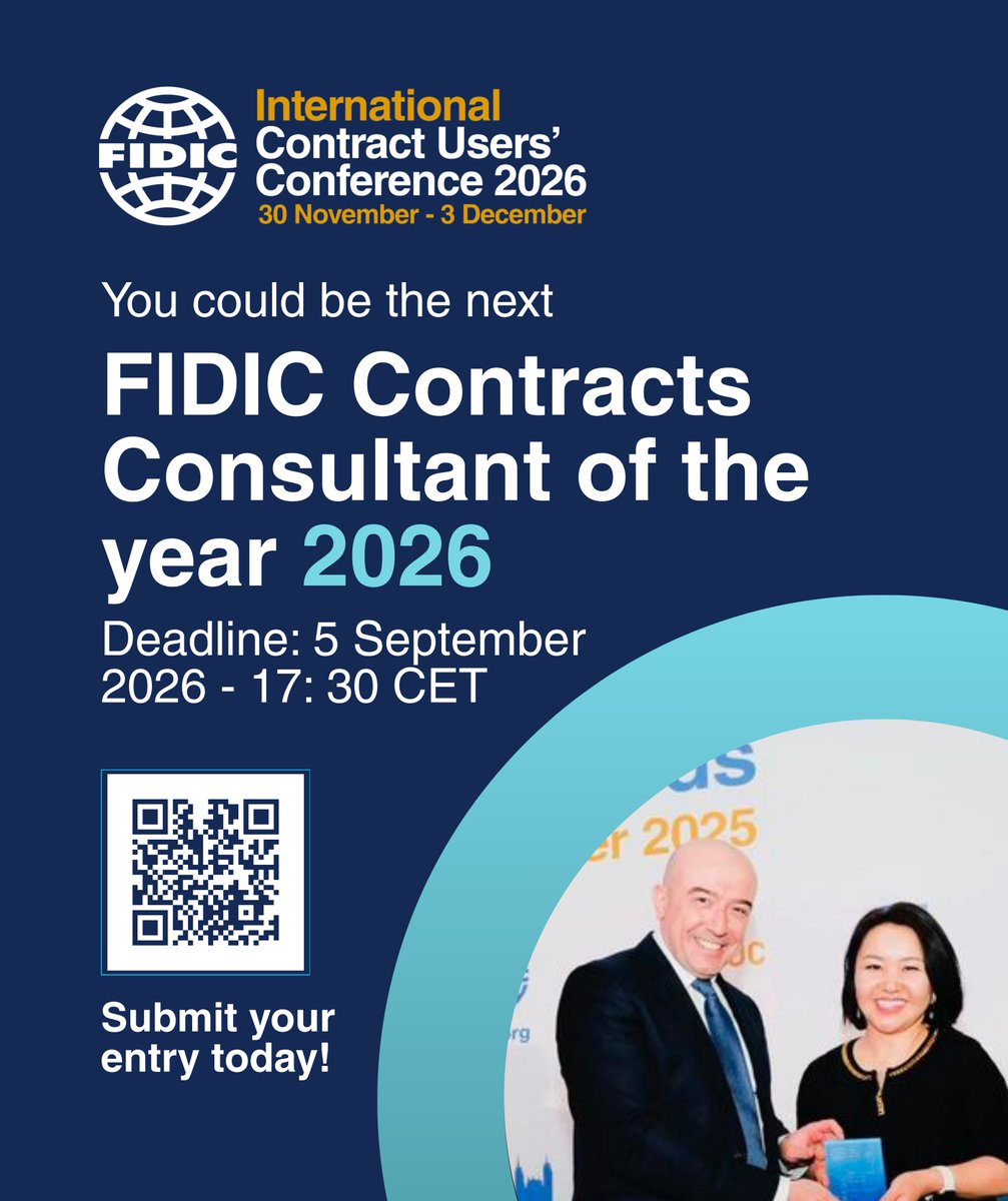 FIDIC's tweet photo. Consultants and companies engaged as engineer or consultant under a #FIDIC contract may enter this category, which considers their engagement with the client and supply chain, the procurement method involved and the practice applied over the course of the project. Entrants should refer to the 1999 or 2017 FIDIC editions in describing their work.

Submissions close 5 September 2026. The award will be presented at the FIDIC Contract Users' Awards Gala Dinner in London on 2 December 2026 as part of the FIDIC International Contracts User's Conference.

➡️ Submit your entry here: https://t.co/J9C0CAO1Jv

 #FIDICCUC #FIDICAwards #ConsultantOfTheYear #EngineeringExcellence