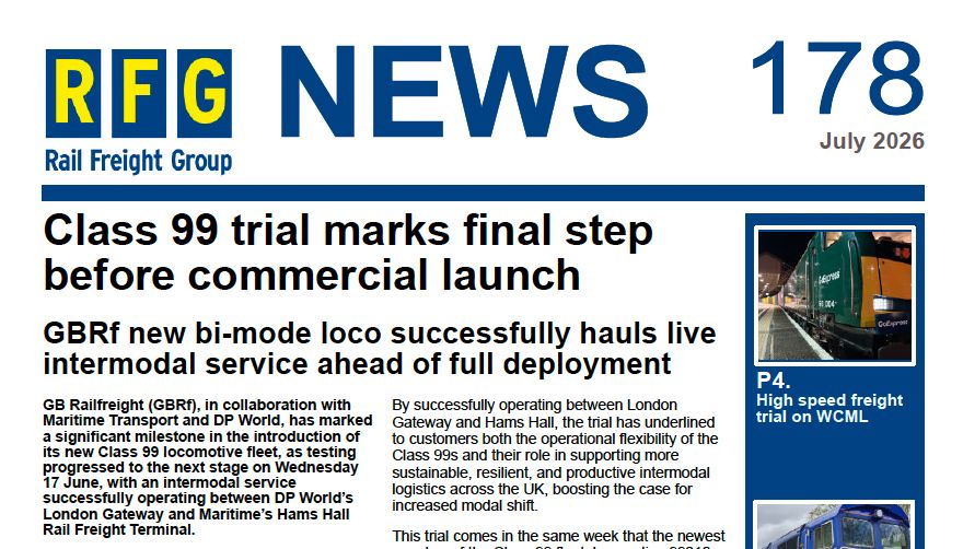 RailFreightUK's tweet photo. The July 2026 edition of RFG News is now available to download.

This month: GBRf’s Class 99 trial, GoExpress high-speed freight trials, the UK’s first electrified rail test loop, RFG event updates and a look back at Multimodal.

Read it here: https://t.co/xAFtbPuR11 https://t.co/Lk7hMAYSvO