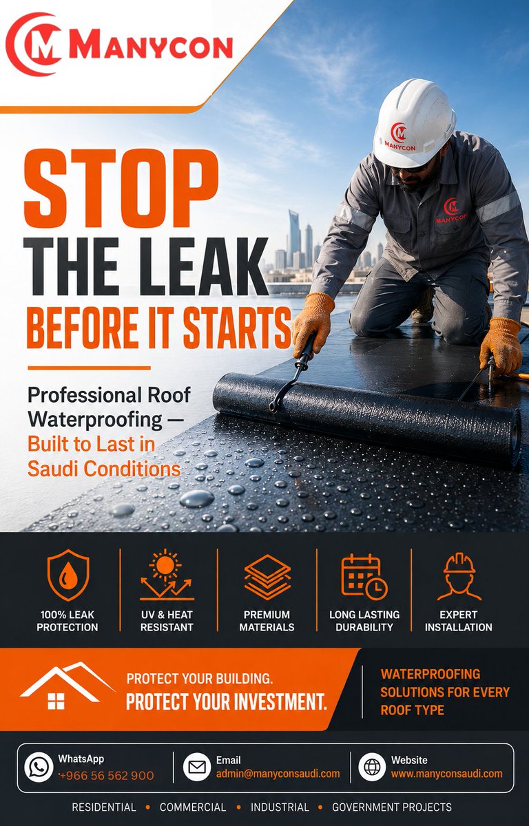 Manycon_KSA's tweet photo. Leaking   roof? 💧 Fix it once, fix it right.
 
    Manycon roof waterproofing — built for Saudi heat &amp; rain.
 
    📞 WhatsApp +966 56 562 7900 | +966 56 628 8013
    #Waterproofing #SaudiArabia https://t.co/4TsKWrH1Rf
