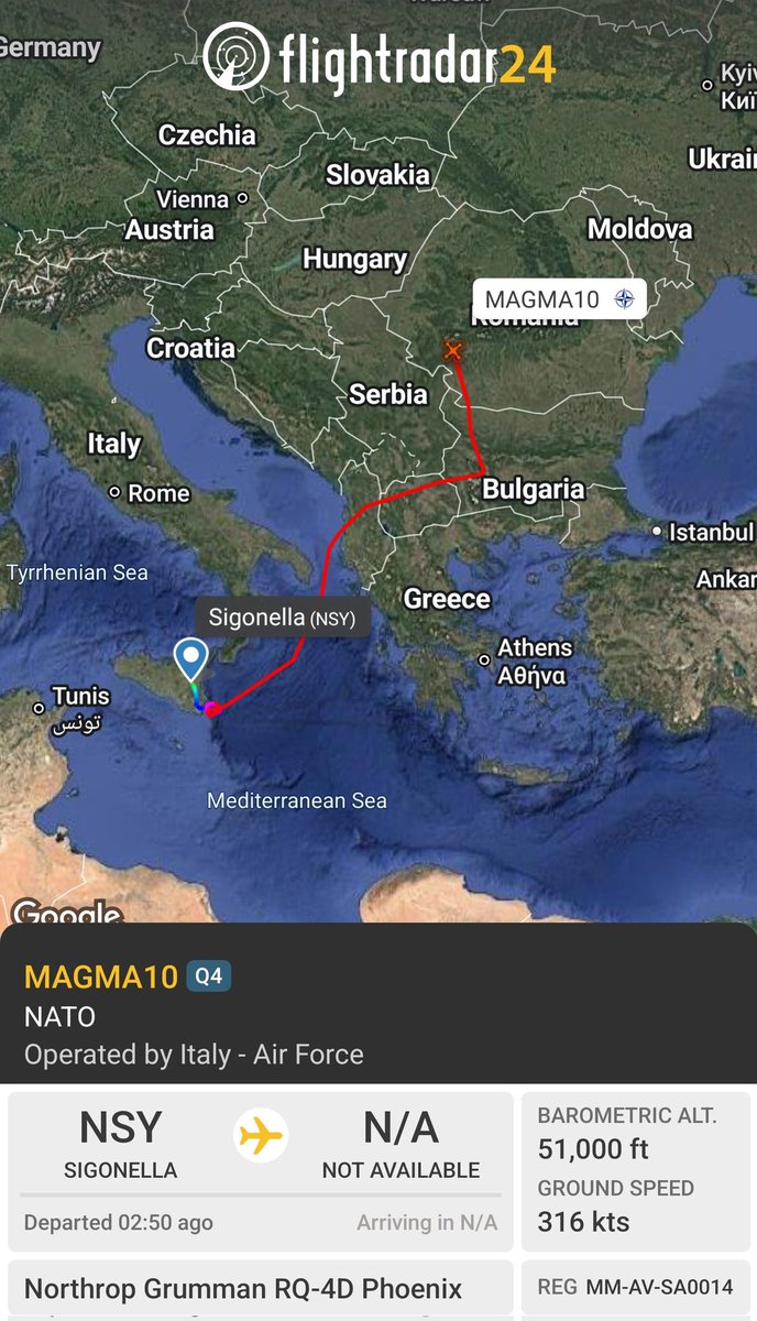 sipjack1776's tweet photo. RQ-4D Phoenix
NATO (Operated by Italy Air Force)
#33FD6B/MM-AV-SA0014/MAGMA10
Tracking north over Romania.
At 2 AM UTC, a different Phoenix tracked to North Macedonia before returning to Sigonella.
RQ-4D Phoenix
#33FD5E/MM-AV-SA0017/MAGMA10
@Borrowed7Time @blackswanadria https://t.co/3icJ3oEBKZ