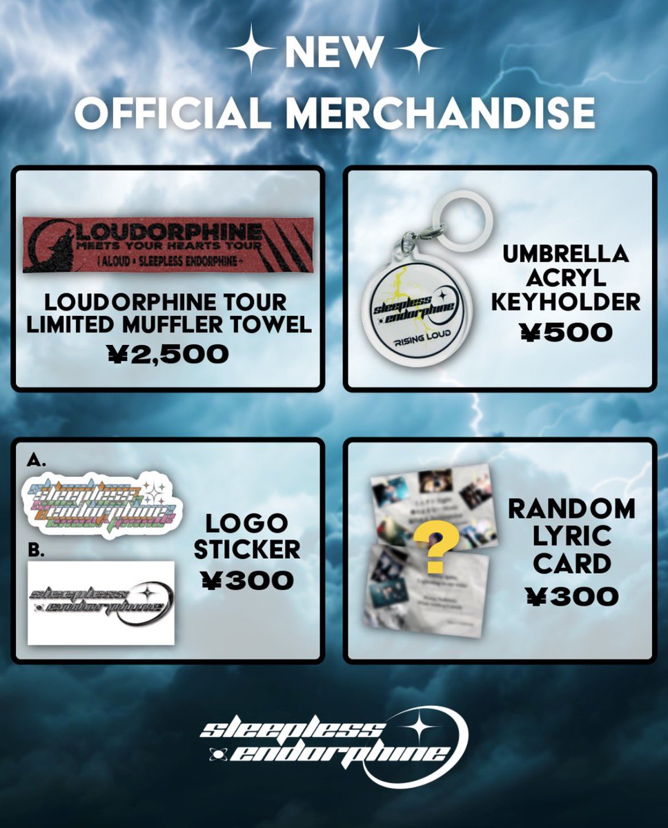 slp_edp's tweet photo. 【💫NEW MERCH INFO💫】
ツアー新グッズ解禁！

・アクリルキーホルダー
・ステッカー
・ランダム歌詞カード
の3種類に加えて

Loudorphine TOUR 記念
Aloud × Sleepless Endorphine
コラボタオル発売！

是非ツアー中の物販にてご覧下さい https://t.co/BdqVFkafvw