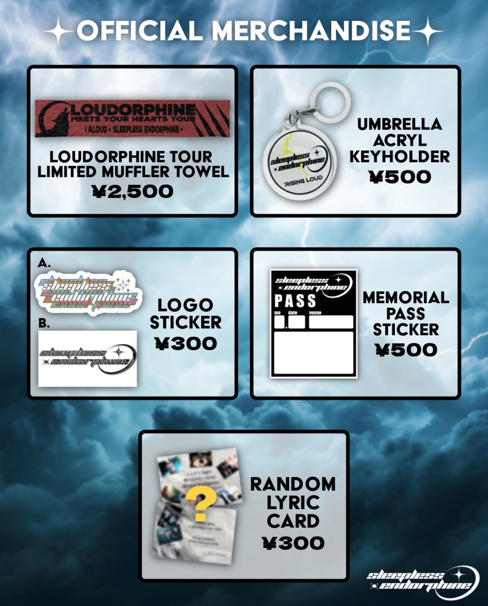 slp_edp's tweet photo. 【💫NEW MERCH INFO💫】
ツアー新グッズ解禁！

・アクリルキーホルダー
・ステッカー
・ランダム歌詞カード
の3種類に加えて

Loudorphine TOUR 記念
Aloud × Sleepless Endorphine
コラボタオル発売！

是非ツアー中の物販にてご覧下さい https://t.co/BdqVFkafvw
