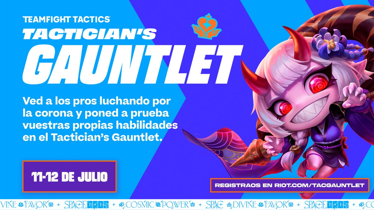 TFT_ES's tweet photo. Os damos la bienvenida al Tactician's Gauntlet, un nuevo torneo que se celebrará del 11 al 12 de julio durante la #TFTCrown.

🏆 Abierto a todo el mundo
🎁 Recompensas del juego
💰 Precio de inscripción: 10 $

Registraos ya en https://t.co/pR3v9BiKtH https://t.co/6bBfdFeF2g